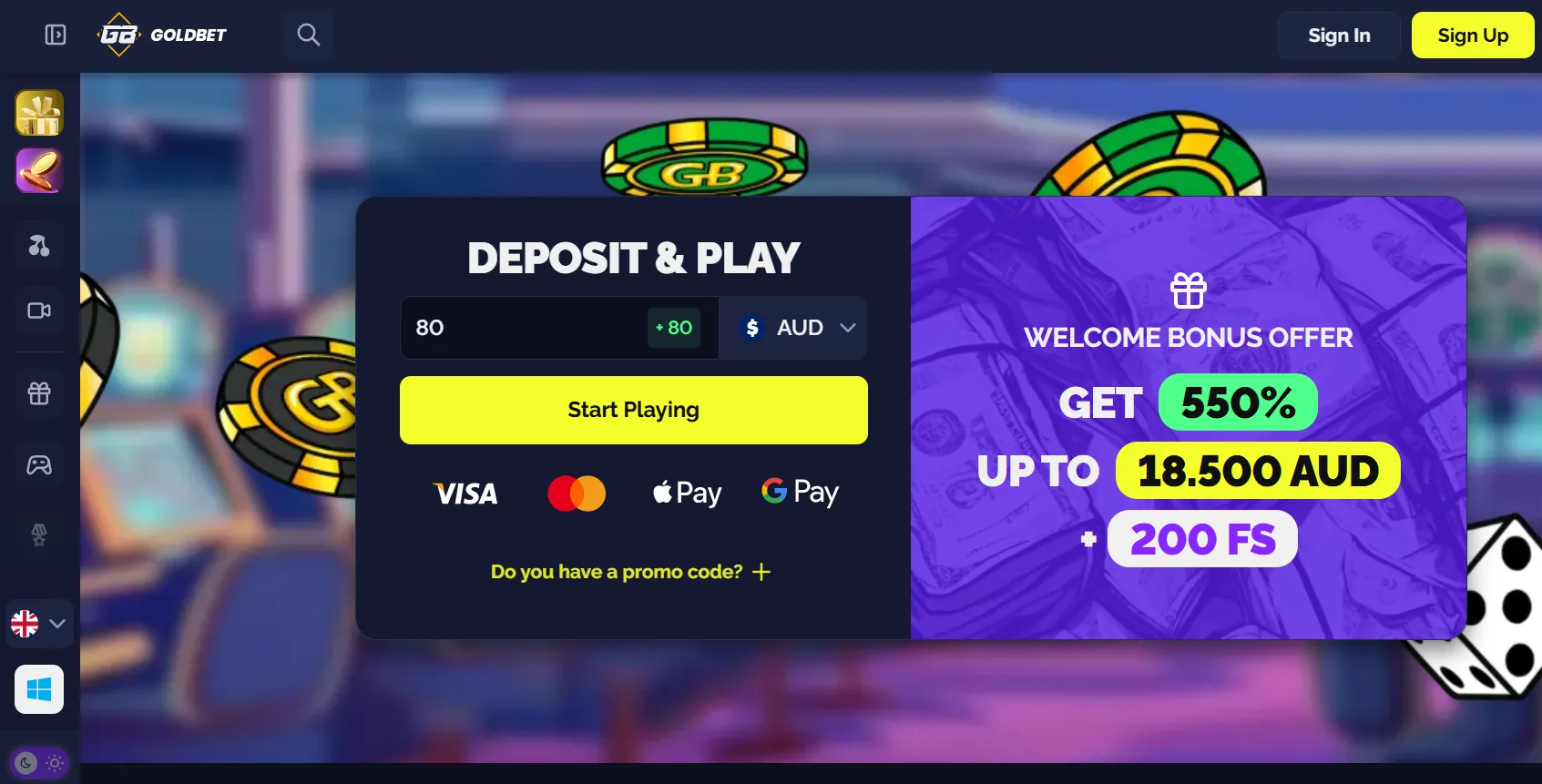 Current Goldbet promotions page showing the live presentation of available offers