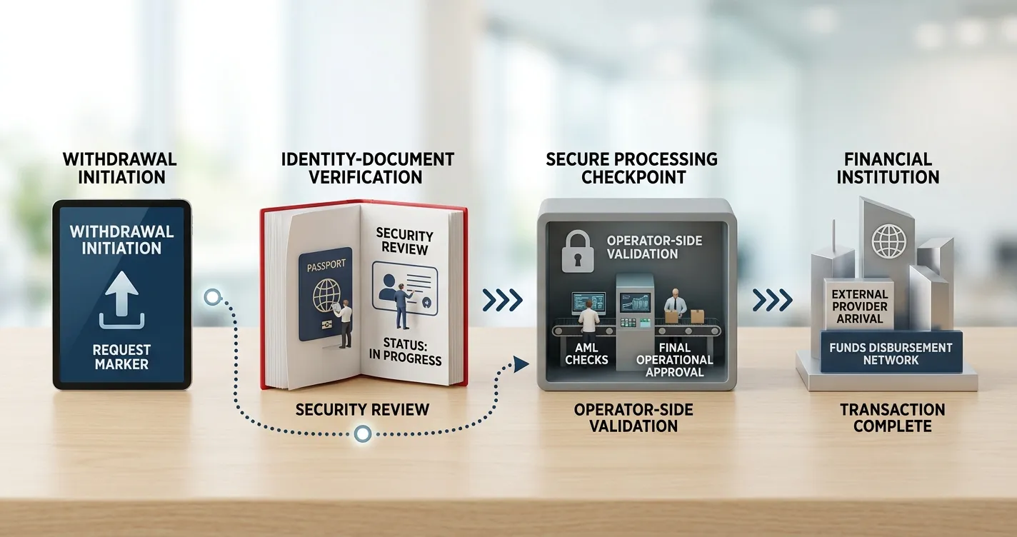 Editorial withdrawal flow from request through verification, processing and payment-network arrival