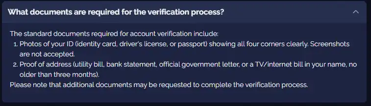 Goldbet KYC guidance showing published identity and address-document requirements