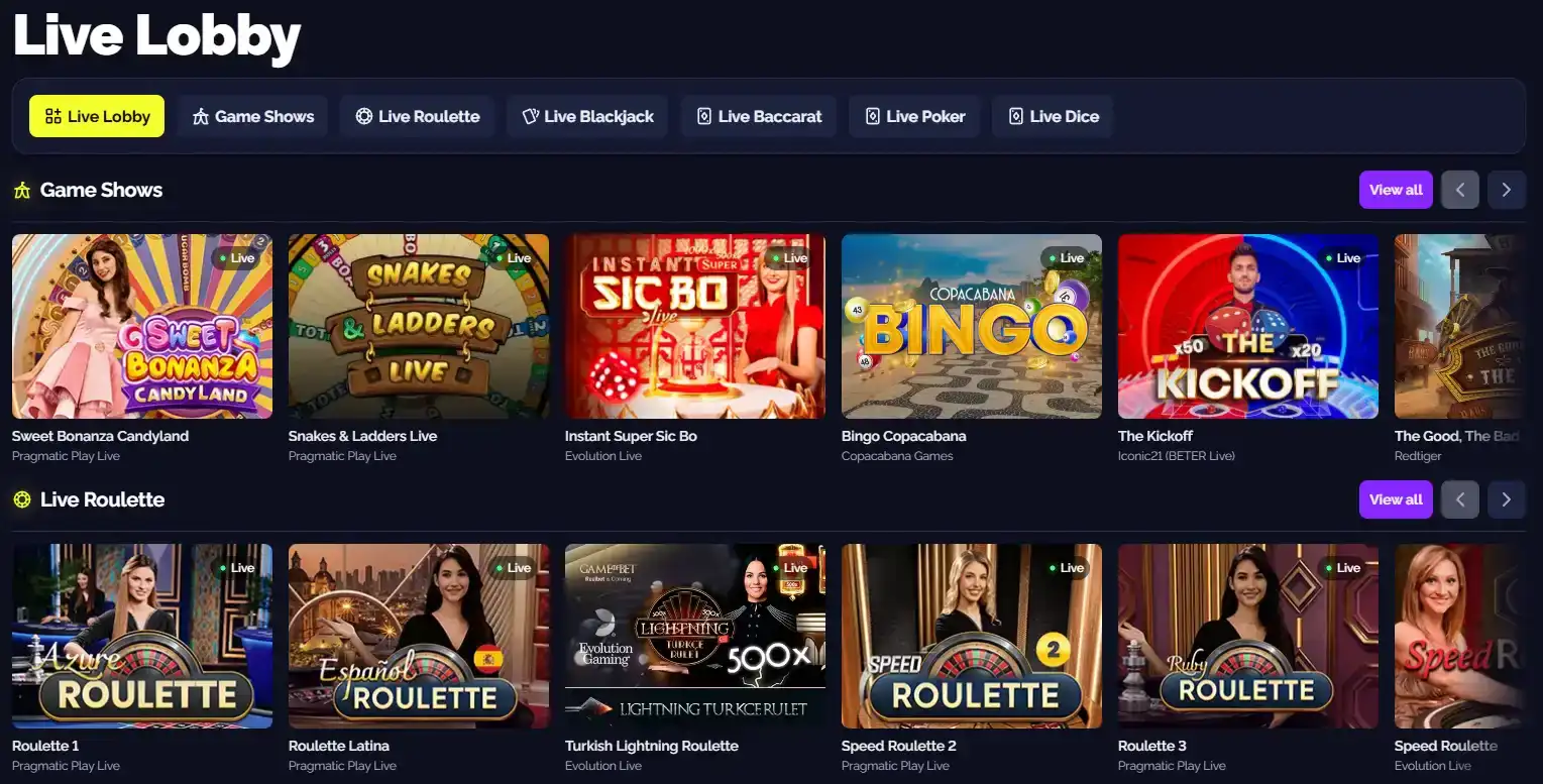 Current Goldbet live casino lobby with live roulette blackjack baccarat and dealer-game tiles
