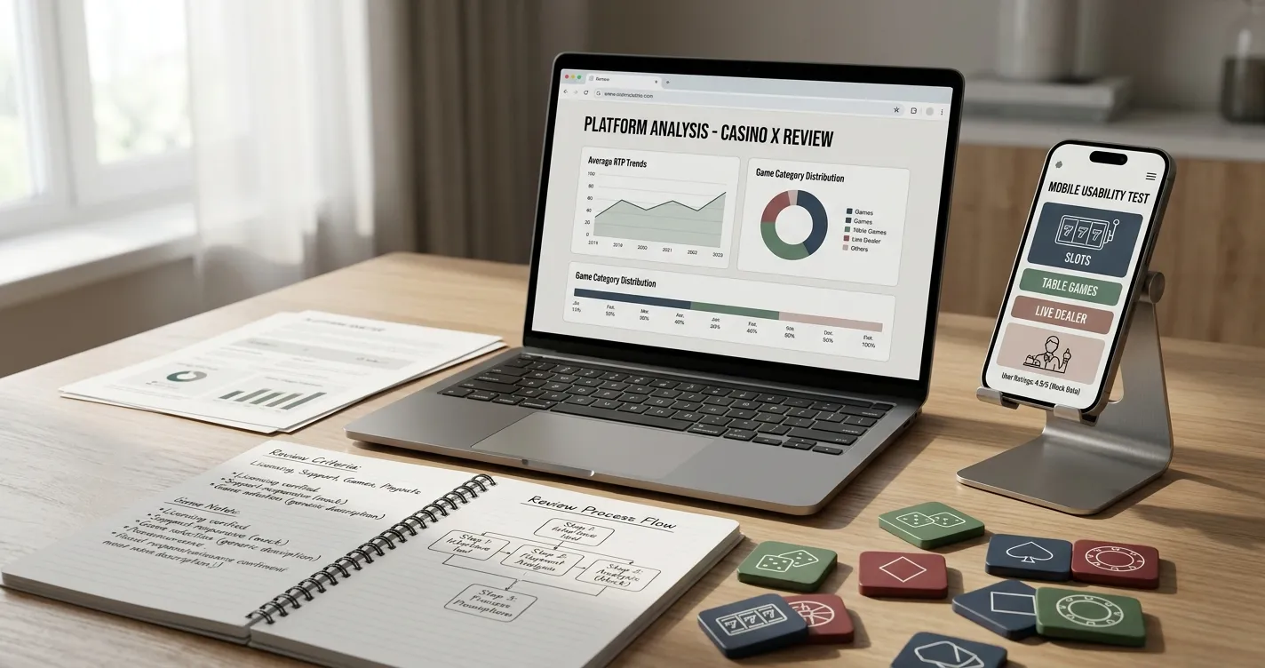 Editorial casino review workspace with laptop and mobile device