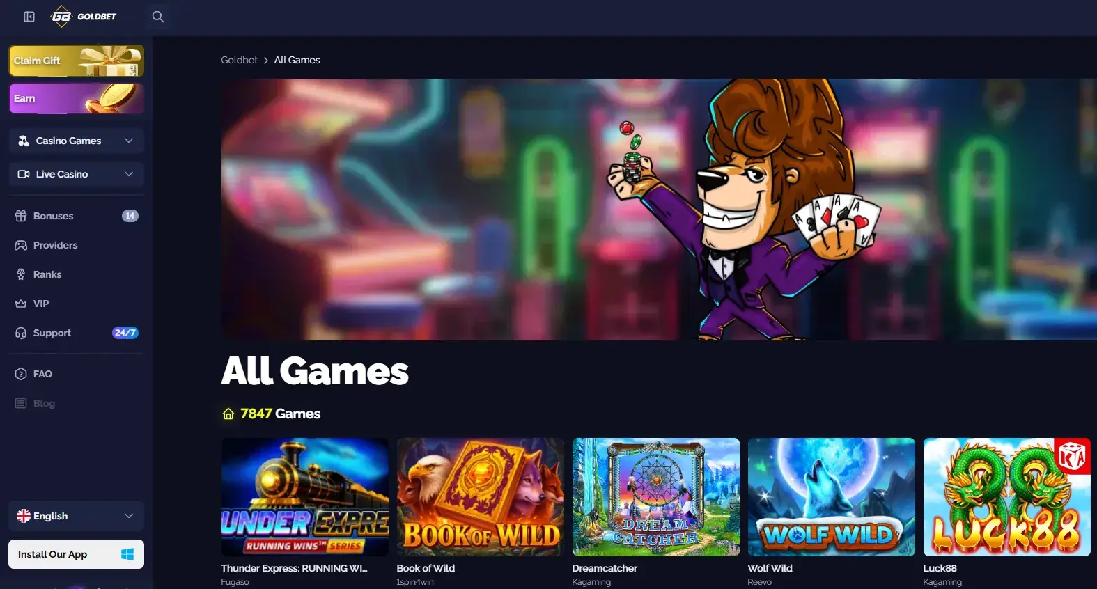 Goldbet casino lobby interface